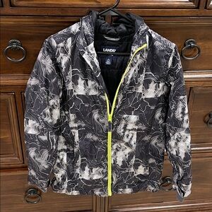 Lands' End Winter Black and White Patterned Jacket with Neon Zipper